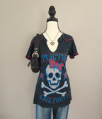 Affliction AC/MC Bedazzled Skull Pattern Graphic Print Top