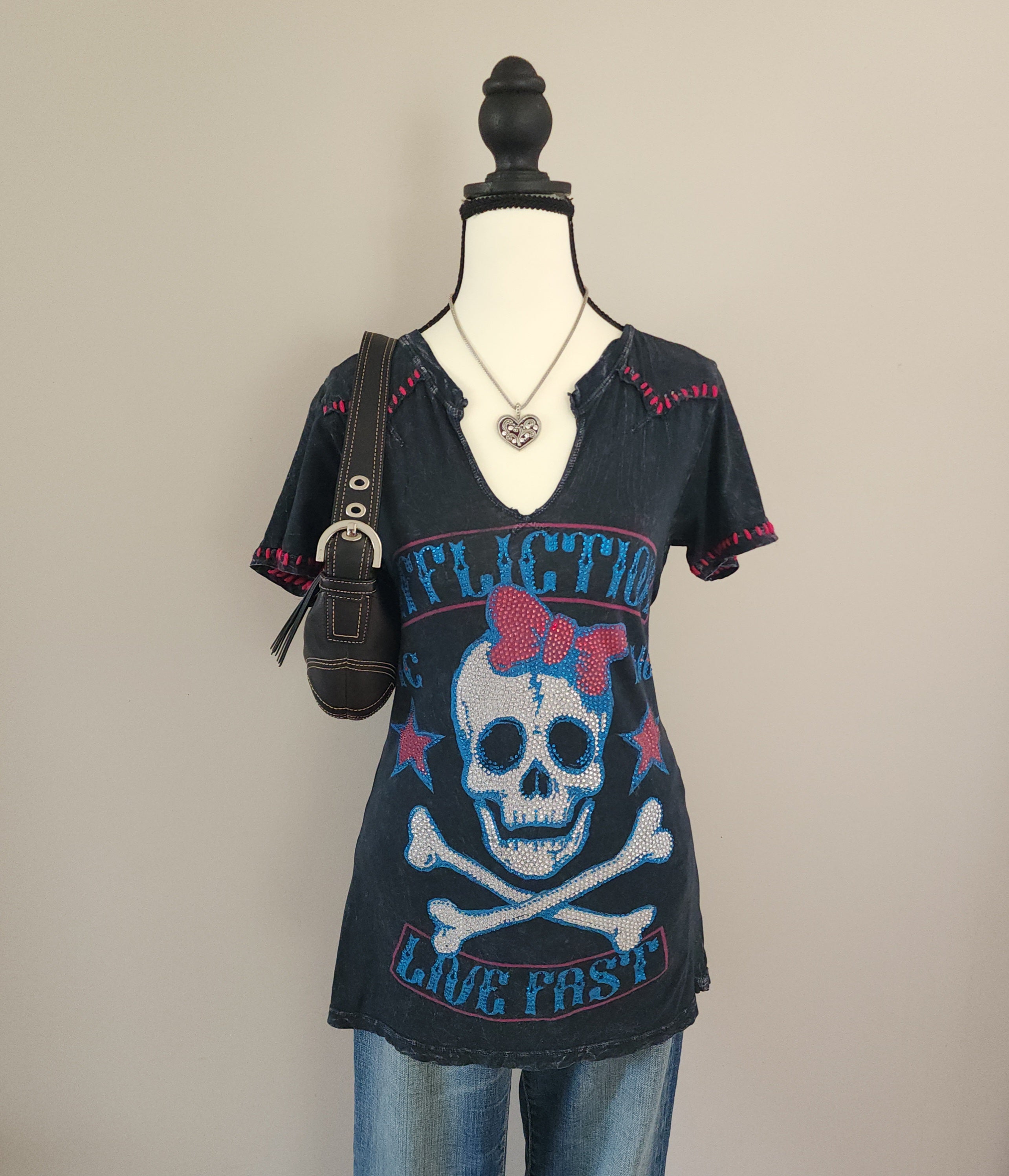 Affliction AC/MC Bedazzled Skull Pattern Graphic Print Top