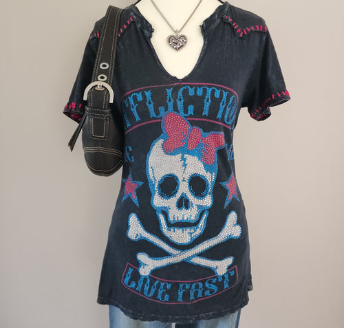 Affliction AC/MC Bedazzled Skull Pattern Graphic Print Top