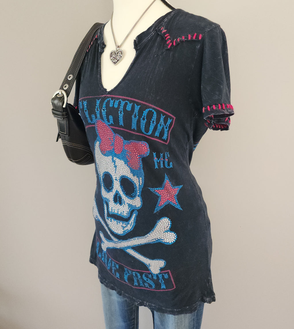 Affliction AC/MC Bedazzled Skull Pattern Graphic Print Top