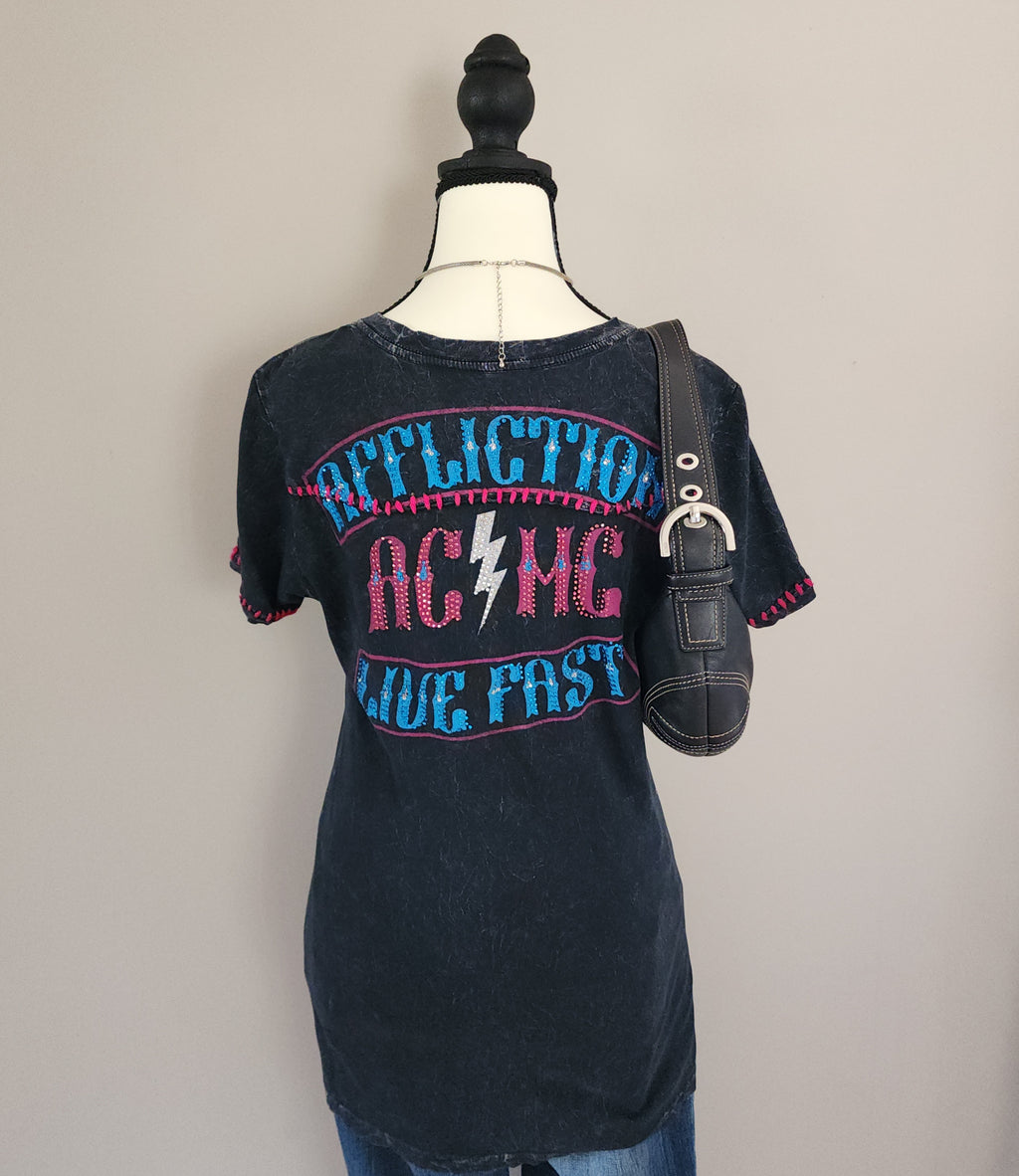 Affliction AC/MC Bedazzled Skull Pattern Graphic Print Top