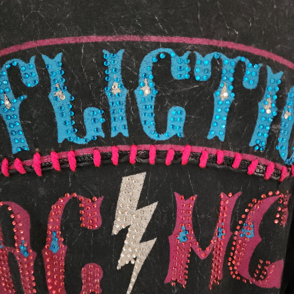 Affliction AC/MC Bedazzled Skull Pattern Graphic Print Top