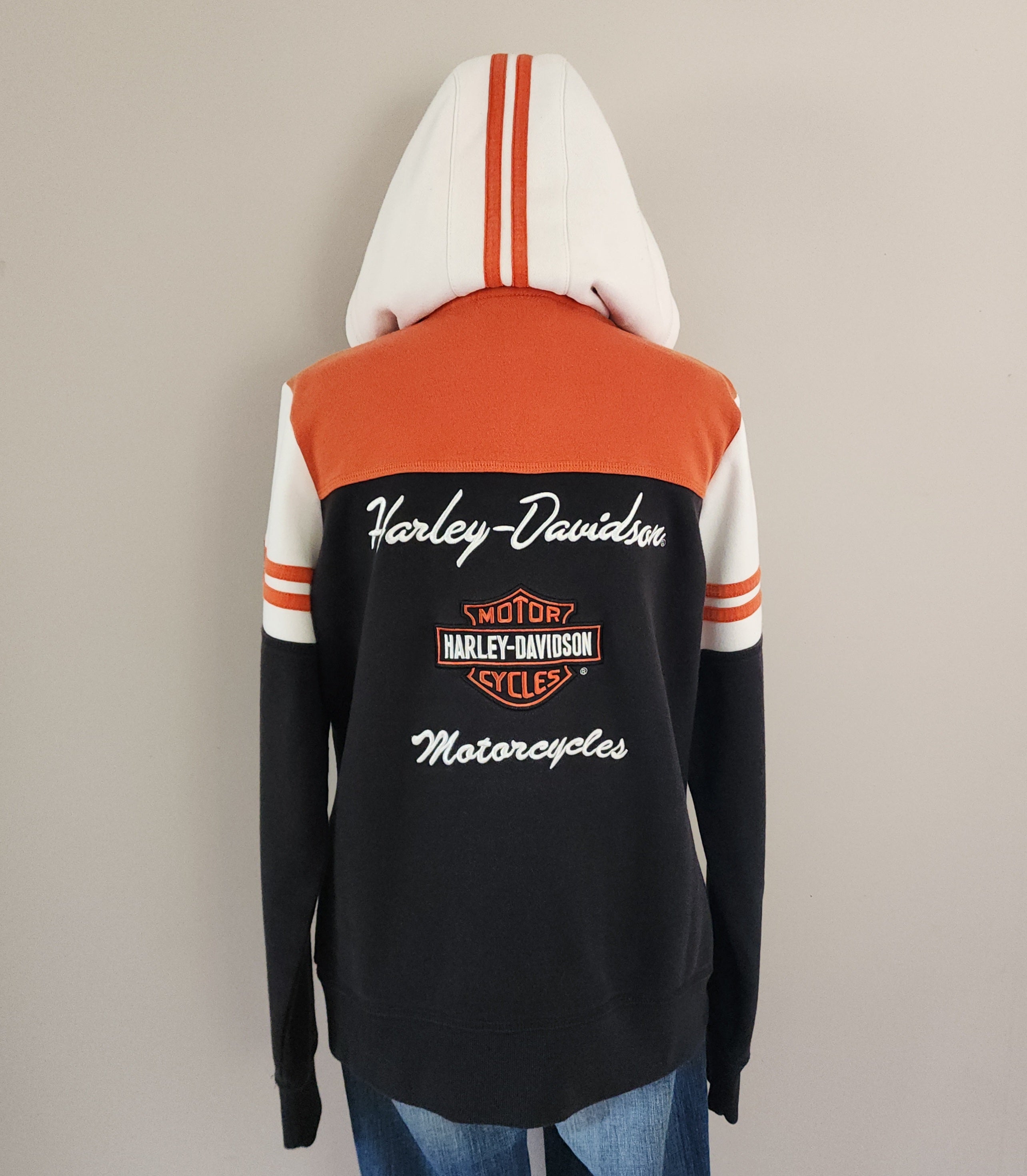 Vintage Harley-Davidson Orange Color Block Zip-Up Hoodie