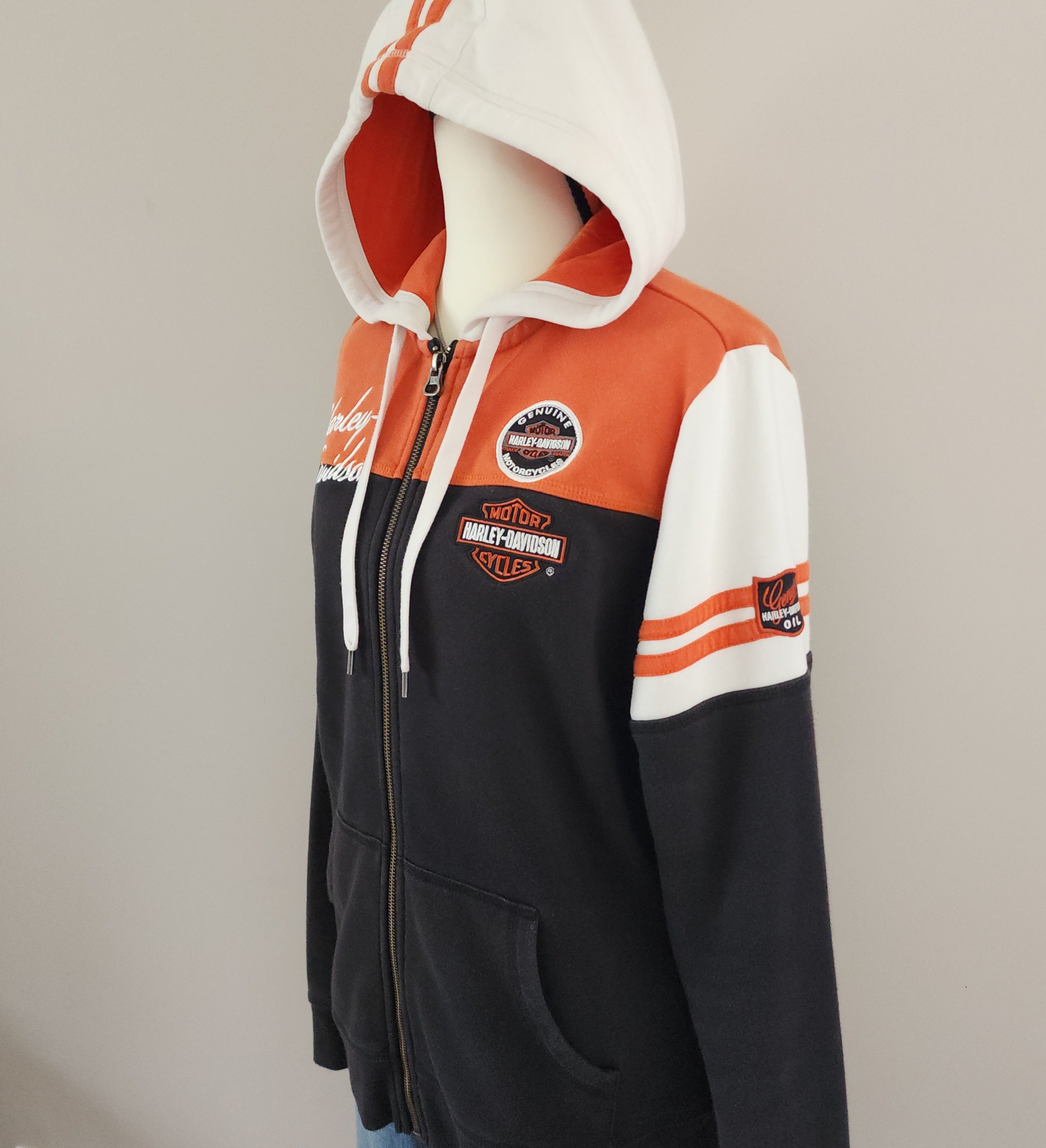 Vintage Harley-Davidson Orange Color Block Zip-Up Hoodie