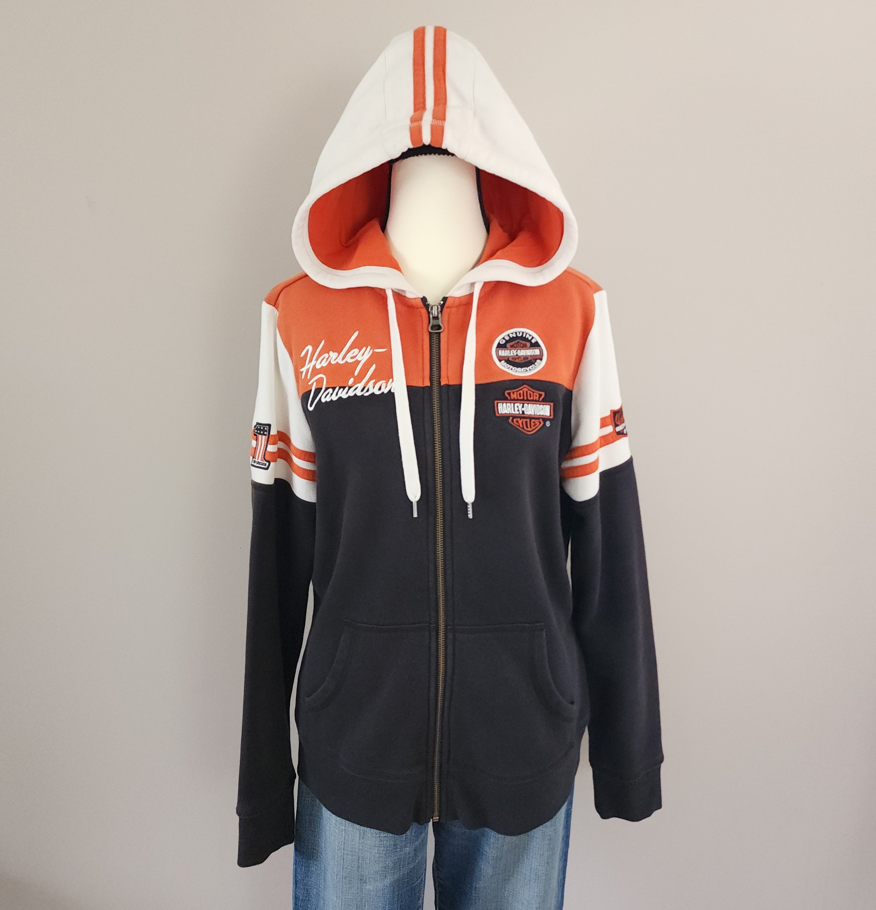 Vintage Harley-Davidson Orange Color Block Zip-Up Hoodie