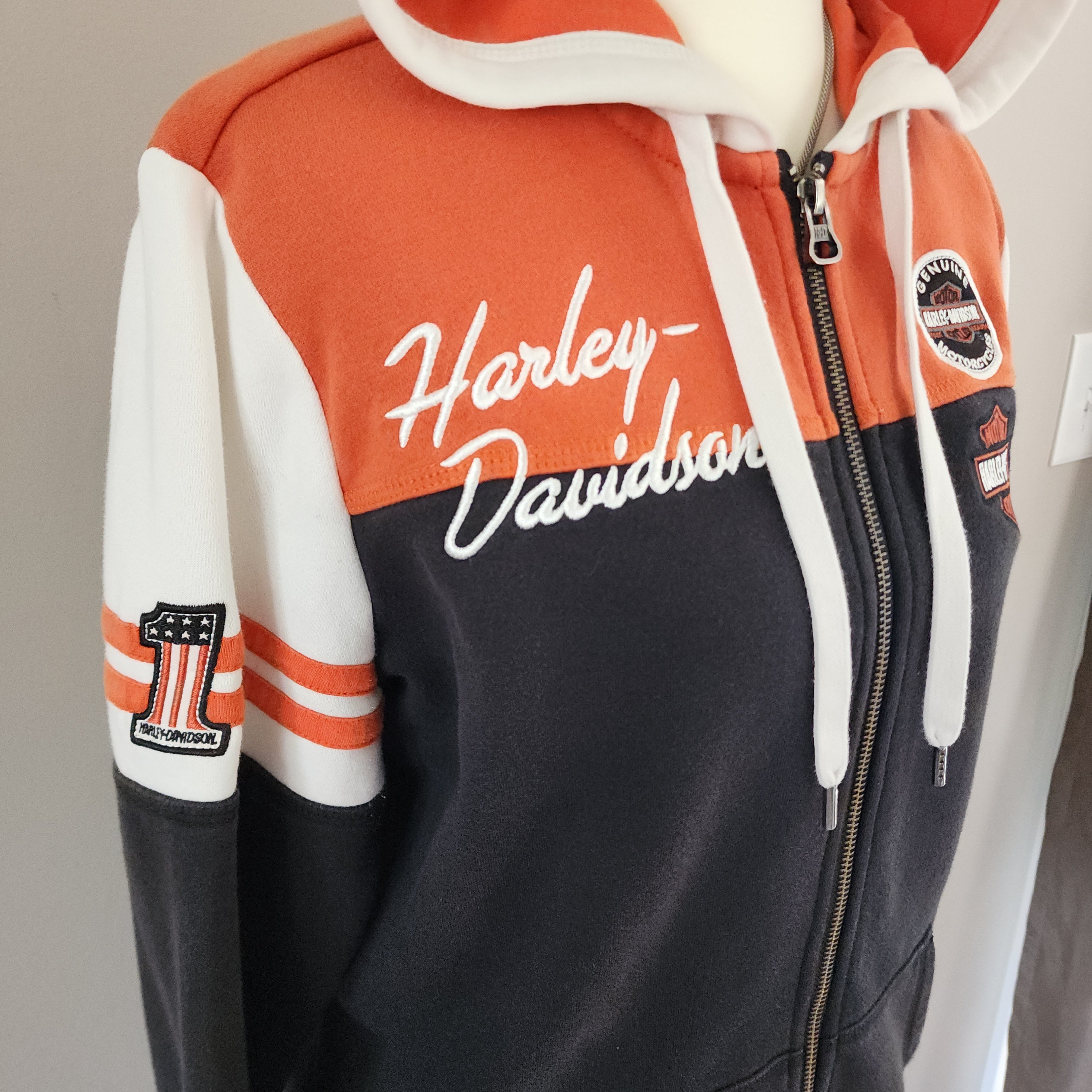 Vintage Harley-Davidson Orange Color Block Zip-Up Hoodie