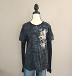 Rock and Roll Cowgirl Graphic Print Bedazzled Top with Mesh Sleeves