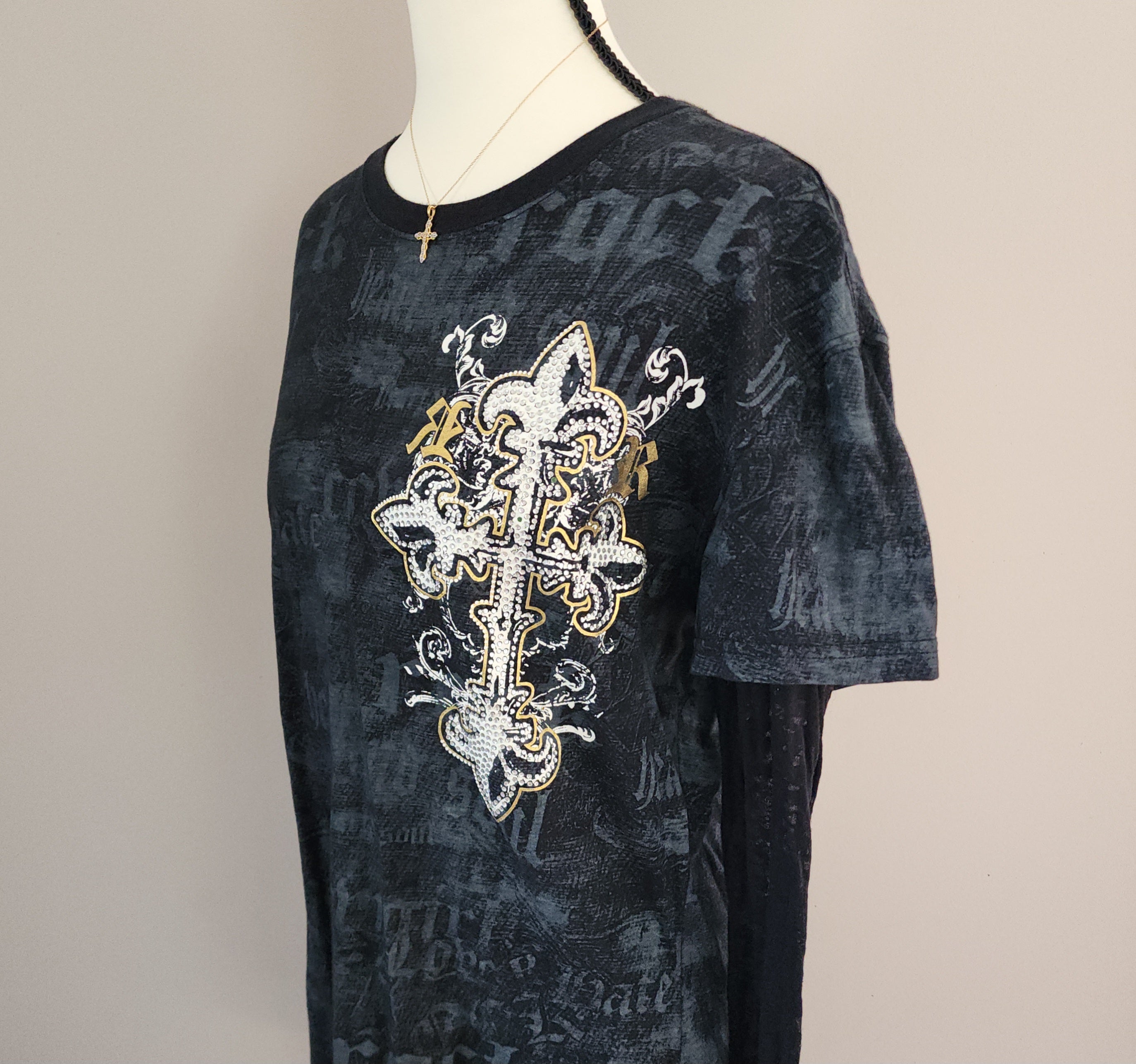 Rock and Roll Cowgirl Graphic Print Bedazzled Top with Mesh Sleeves
