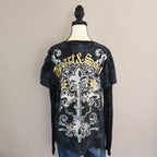 Rock and Roll Cowgirl Graphic Print Bedazzled Top with Mesh Sleeves