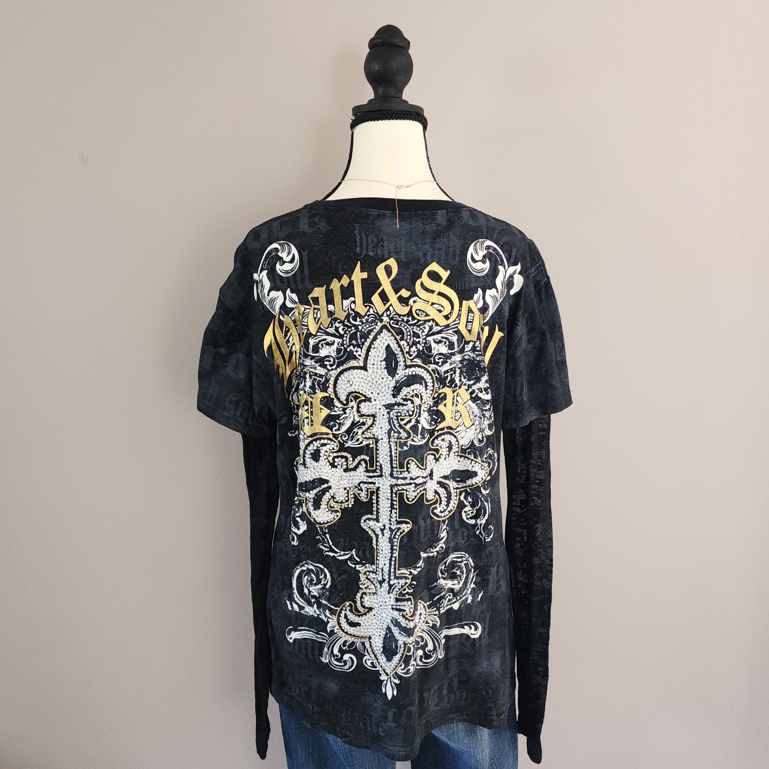 Rock and Roll Cowgirl Graphic Print Bedazzled Top with Mesh Sleeves