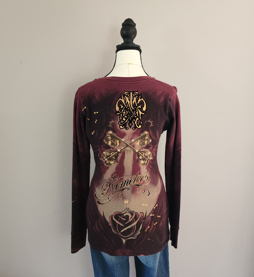 Y2K Remetee Maroon Multicolored Bedazzled Skull V-neck Long Sleeved Top