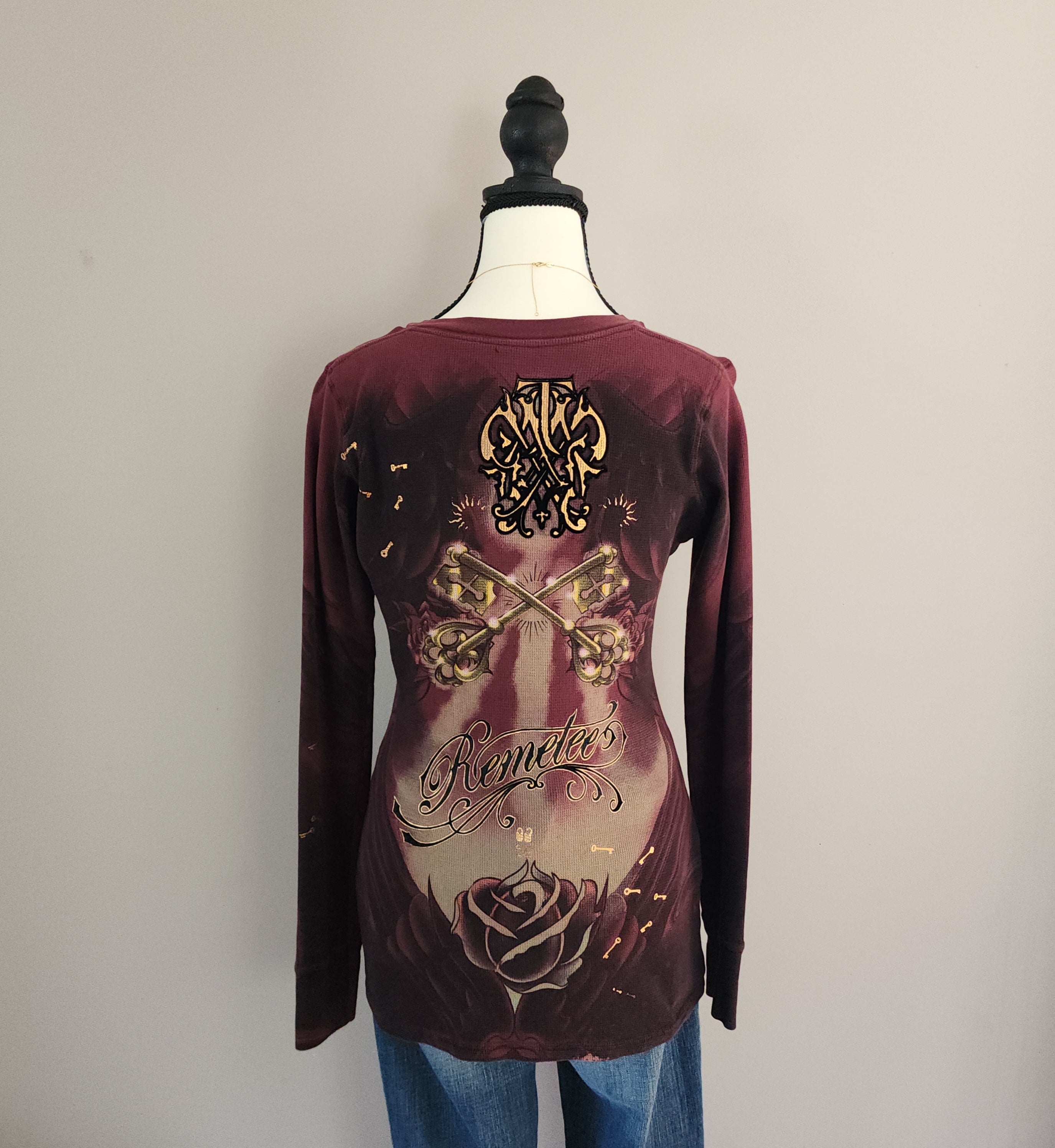 Y2K Remetee Maroon Multicolored Bedazzled Skull V-neck Long Sleeved Top