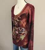 Y2K Remetee Maroon Multicolored Bedazzled Skull V-neck Long Sleeved Top