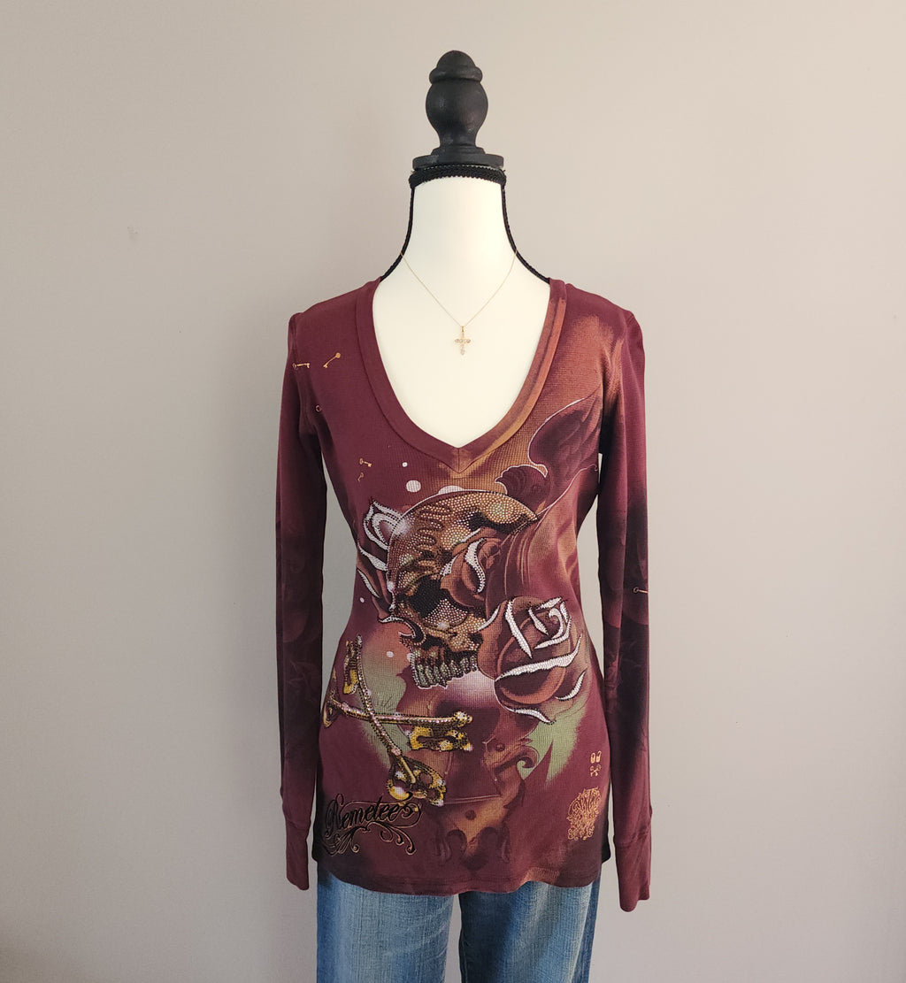 Y2K Remetee Maroon Multicolored Bedazzled Skull V-neck Long Sleeved Top
