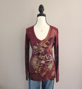 Y2K Remetee Maroon Multicolored Bedazzled Skull V-neck Long Sleeved Top