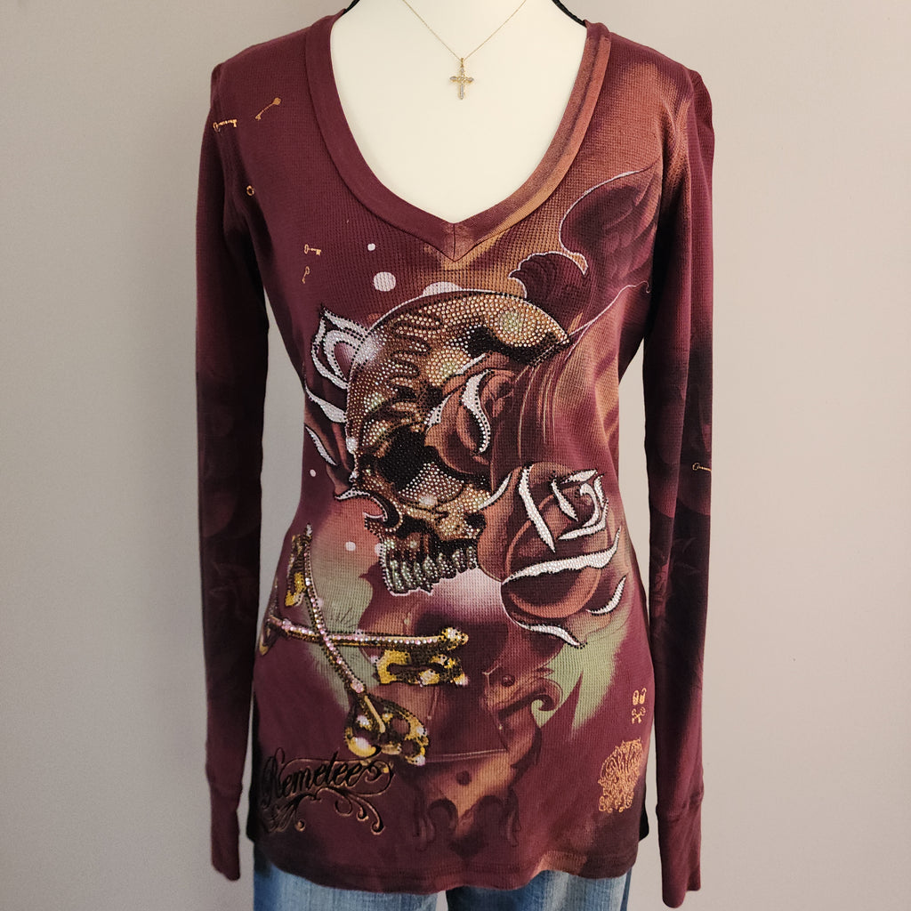 Y2K Remetee Maroon Multicolored Bedazzled Skull V-neck Long Sleeved Top
