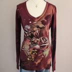Y2K Remetee Maroon Multicolored Bedazzled Skull V-neck Long Sleeved Top