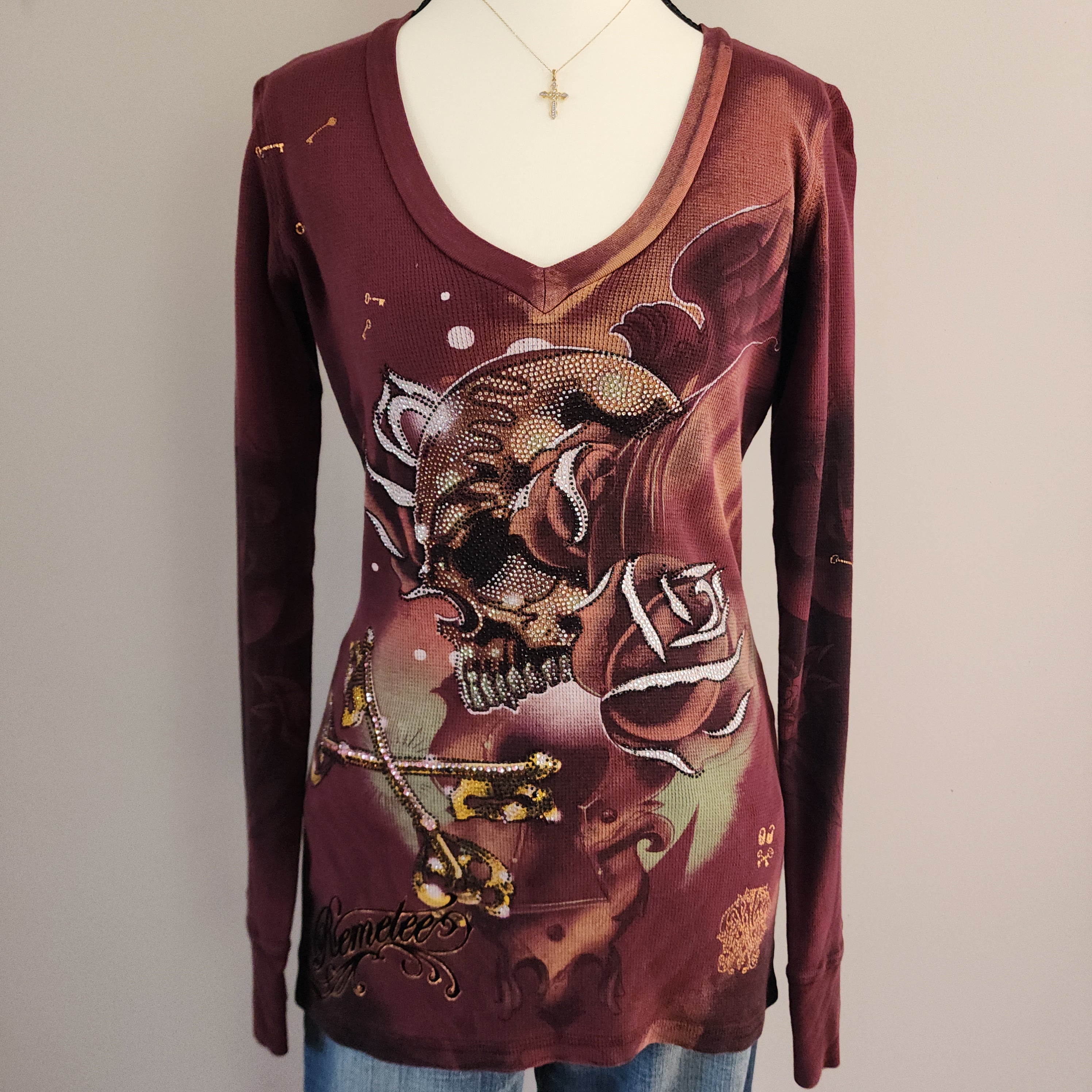 Y2K Remetee Maroon Multicolored Bedazzled Skull V-neck Long Sleeved Top