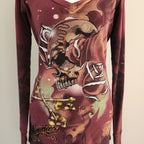 Y2K Remetee Maroon Multicolored Bedazzled Skull V-neck Long Sleeved Top