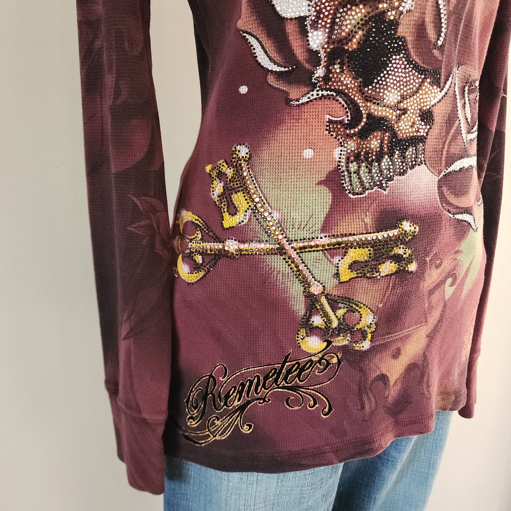 Y2K Remetee Maroon Multicolored Bedazzled Skull V-neck Long Sleeved Top