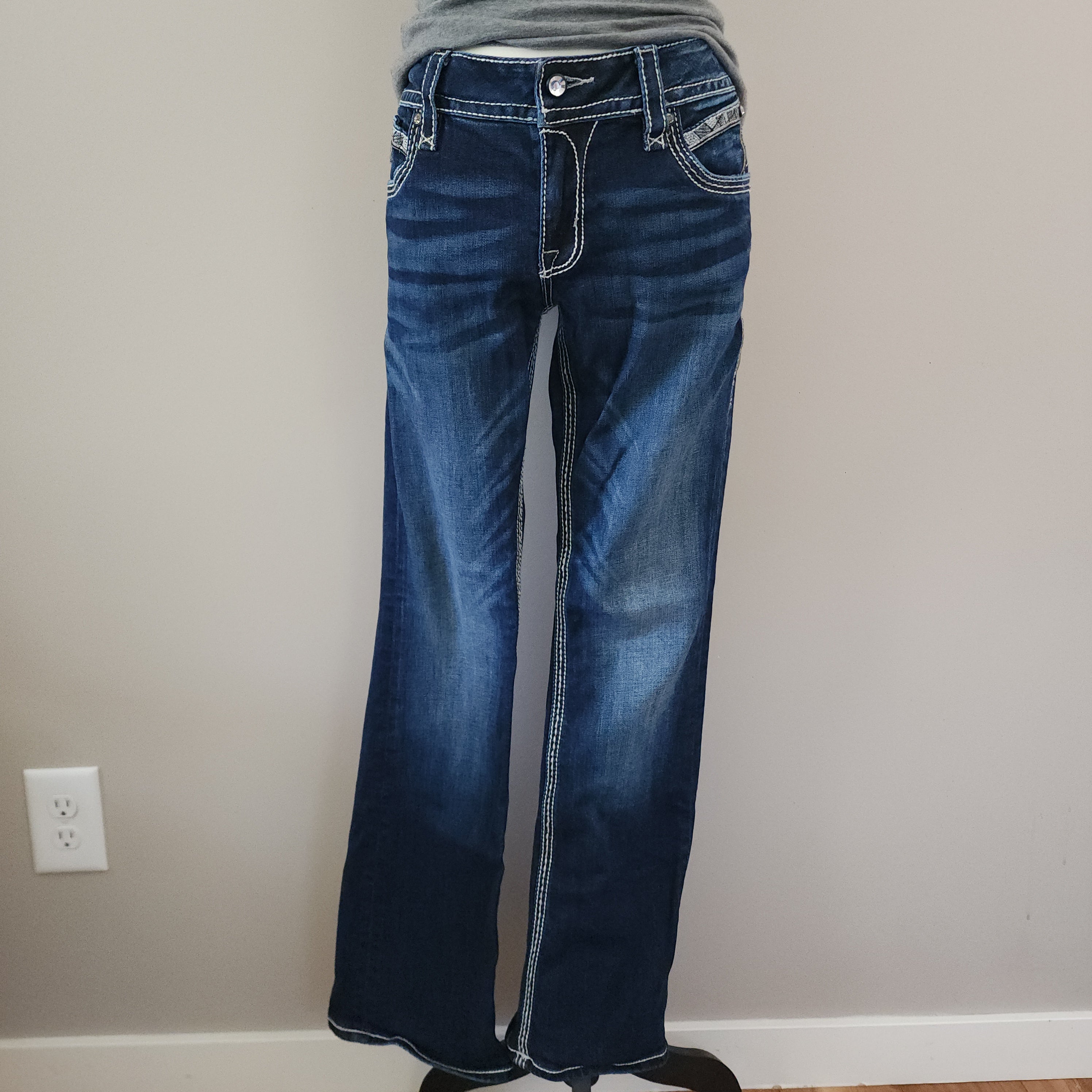 Y2K Rock Revival Low Rise Dark Wash Blue Cathedral Embellished Bootcut Denim Jeans