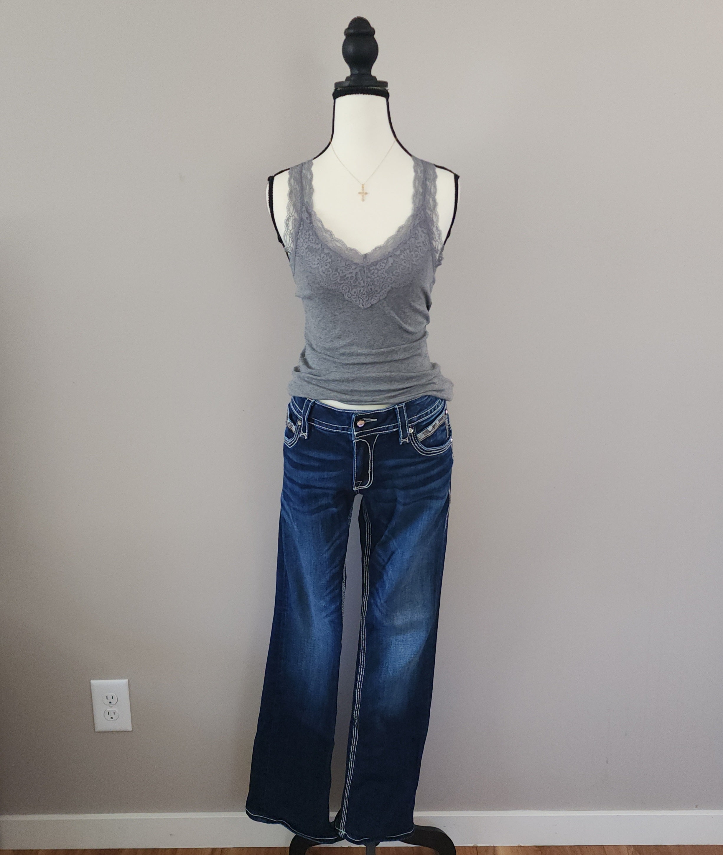 Y2K Rock Revival Low Rise Dark Wash Blue Cathedral Embellished Bootcut Denim Jeans