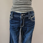 Y2K Rock Revival Low Rise Dark Wash Blue Cathedral Embellished Bootcut Denim Jeans