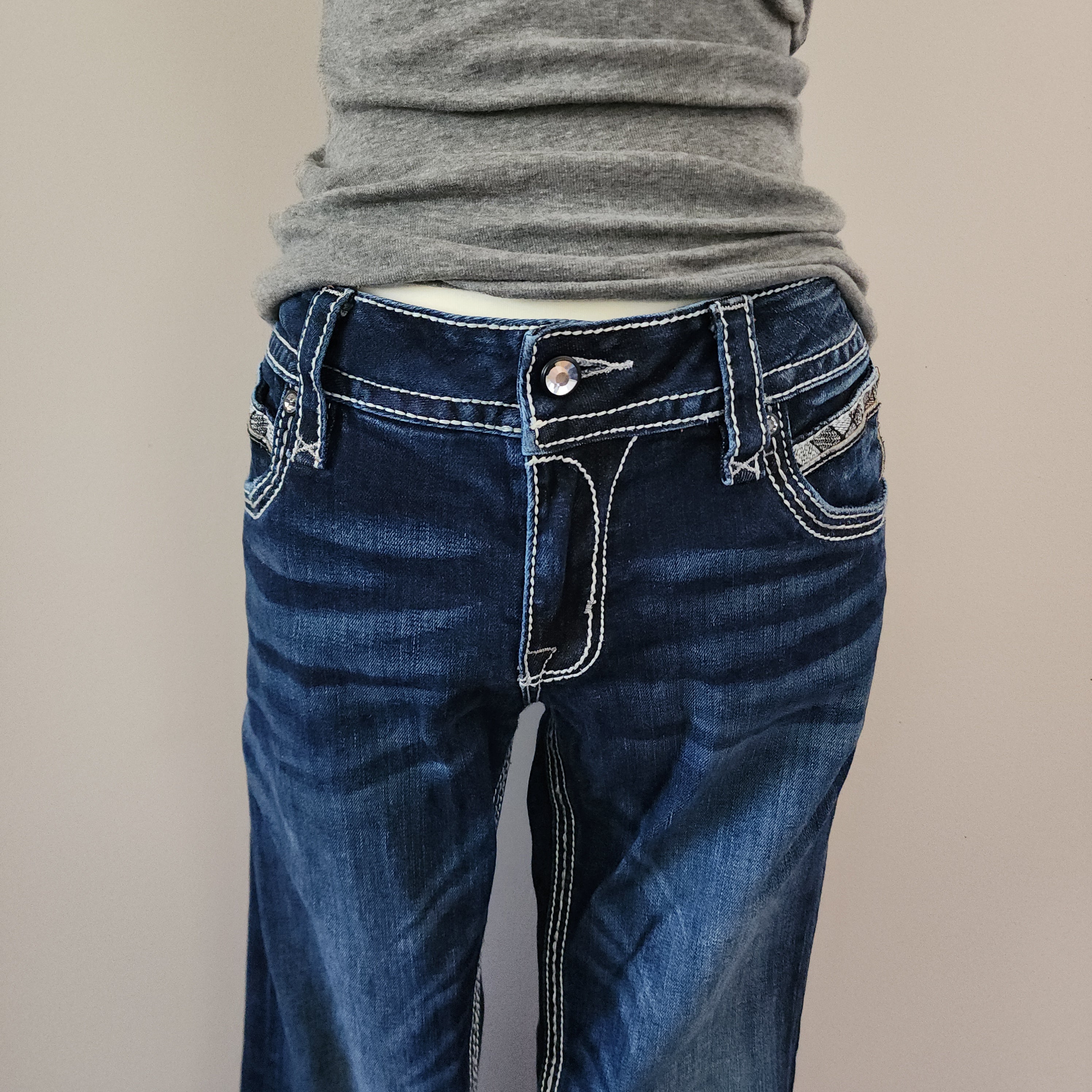 Y2K Rock Revival Low Rise Dark Wash Blue Cathedral Embellished Bootcut Denim Jeans