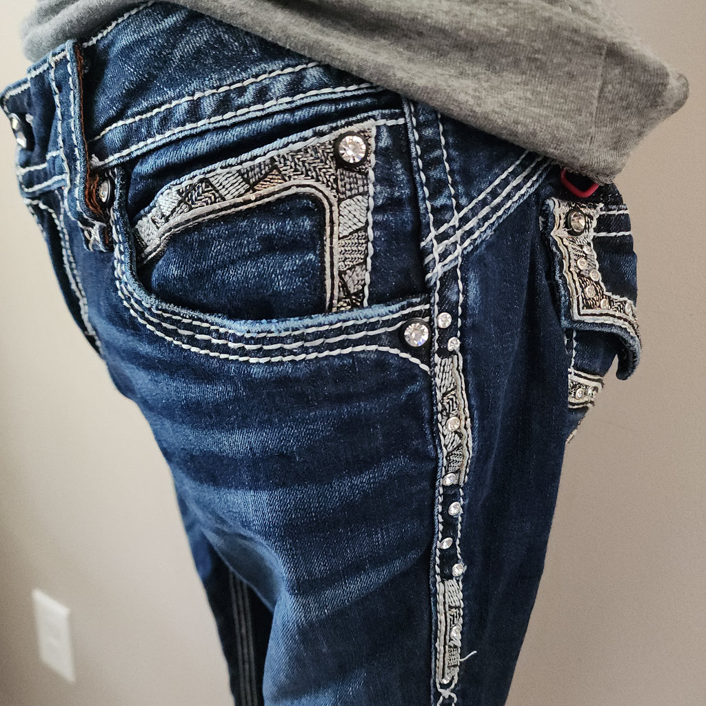 Y2K Rock Revival Low Rise Dark Wash Blue Cathedral Embellished Bootcut Denim Jeans