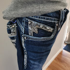 Y2K Rock Revival Low Rise Dark Wash Blue Cathedral Embellished Bootcut Denim Jeans
