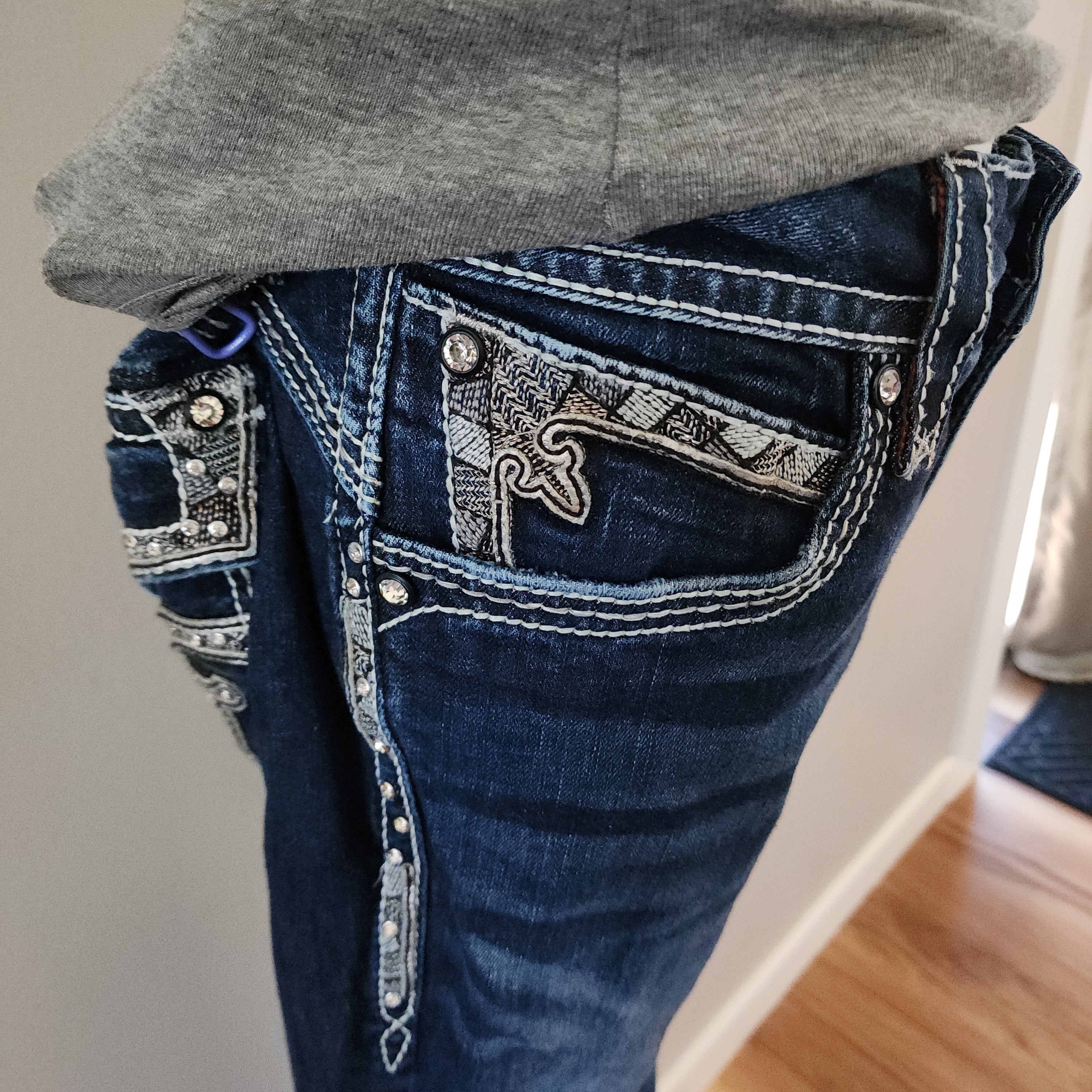 Y2K Rock Revival Low Rise Dark Wash Blue Cathedral Embellished Bootcut Denim Jeans