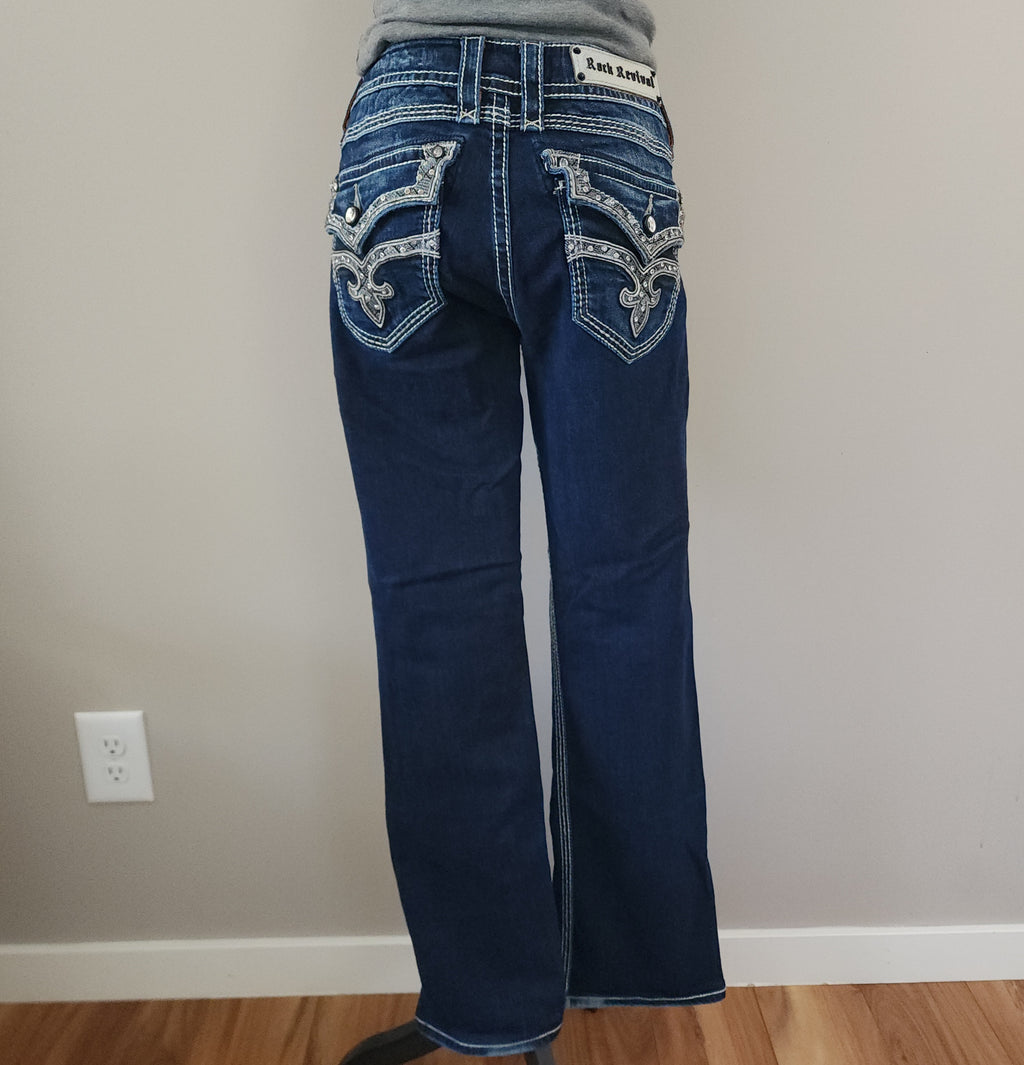 Y2K Rock Revival Low Rise Dark Wash Blue Cathedral Embellished Bootcut Denim Jeans