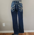 Y2K Rock Revival Low Rise Dark Wash Blue Cathedral Embellished Bootcut Denim Jeans