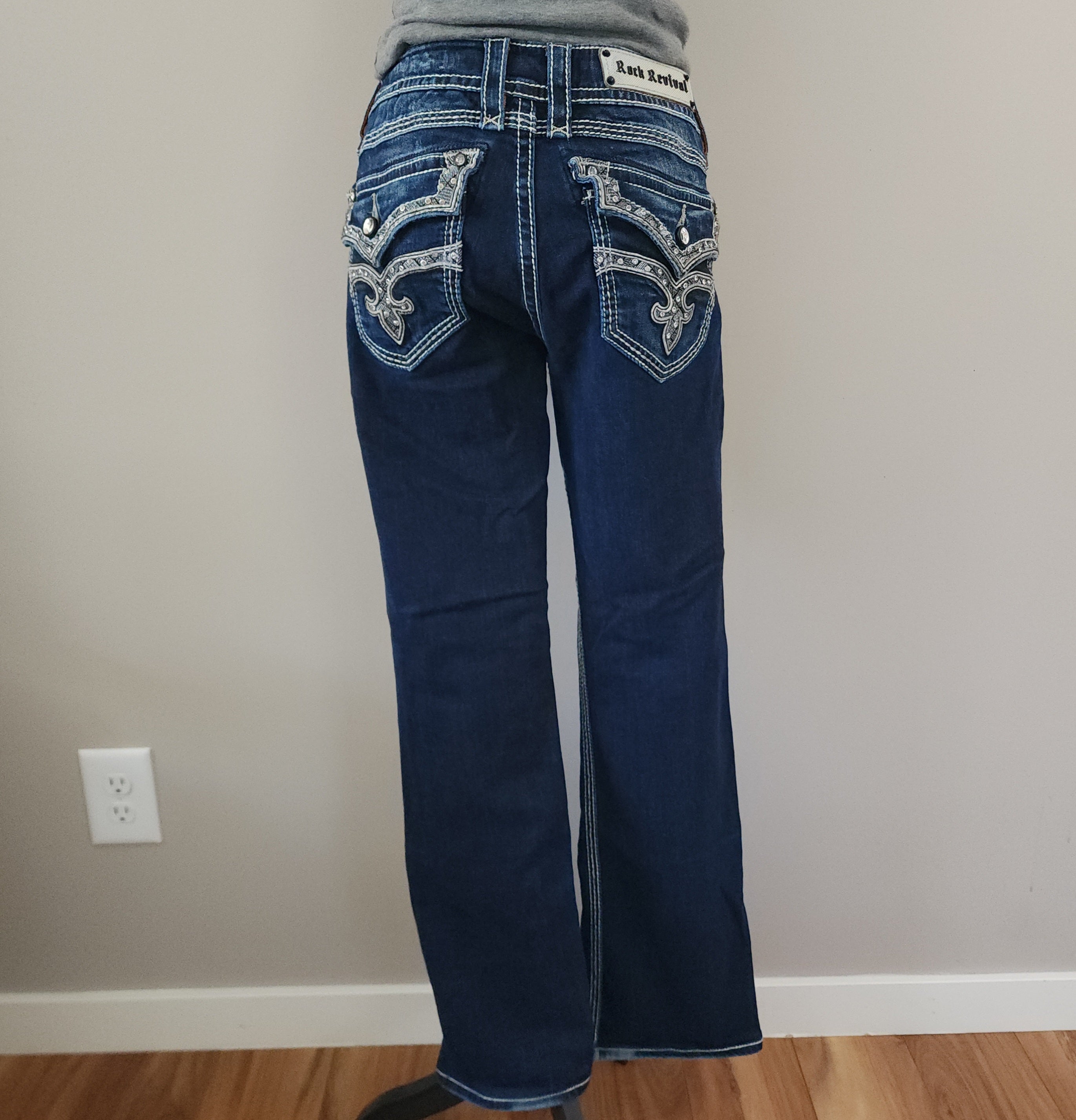 Y2K Rock Revival Low Rise Dark Wash Blue Cathedral Embellished Bootcut Denim Jeans
