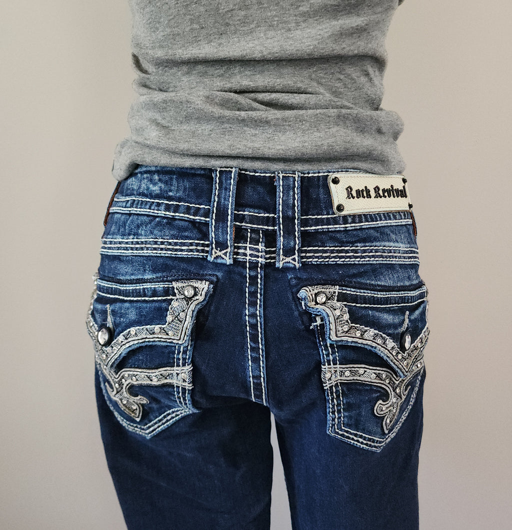 Y2K Rock Revival Low Rise Dark Wash Blue Cathedral Embellished Bootcut Denim Jeans