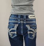 Y2K Rock Revival Low Rise Dark Wash Blue Cathedral Embellished Bootcut Denim Jeans