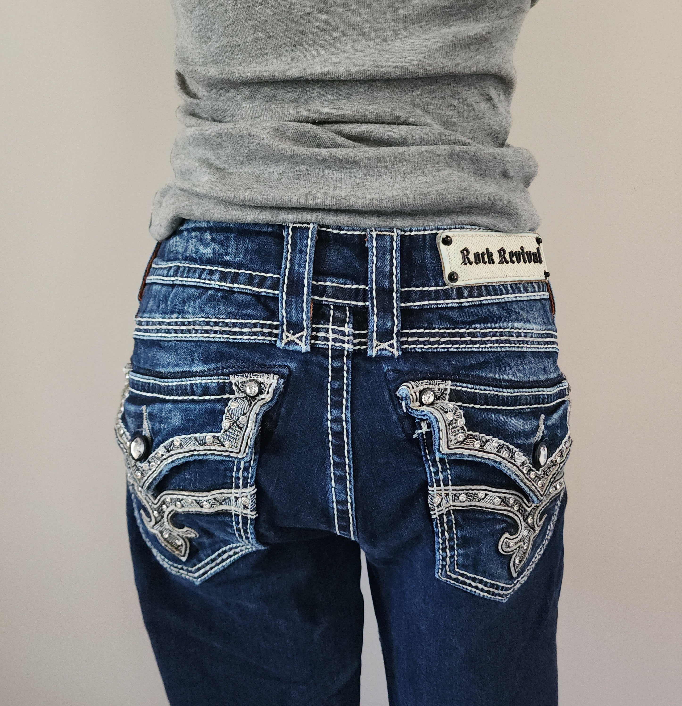 Y2K Rock Revival Low Rise Dark Wash Blue Cathedral Embellished Bootcut Denim Jeans