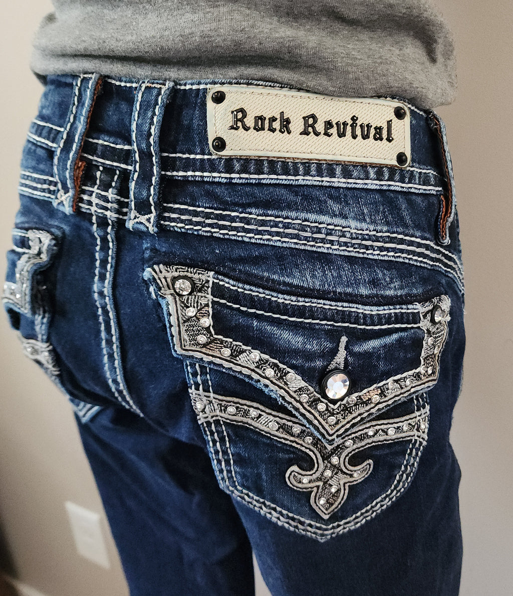 Y2K Rock Revival Low Rise Dark Wash Blue Cathedral Embellished Bootcut Denim Jeans