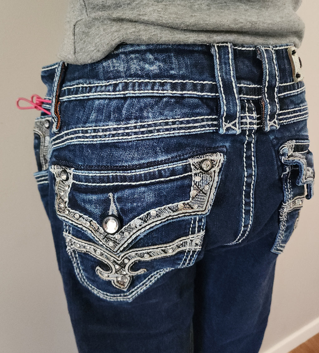 Y2K Rock Revival Low Rise Dark Wash Blue Cathedral Embellished Bootcut Denim Jeans