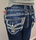 Y2K Rock Revival Low Rise Dark Wash Blue Cathedral Embellished Bootcut Denim Jeans