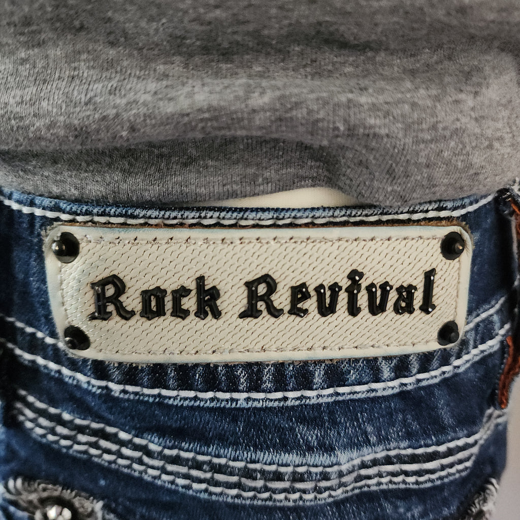 Y2K Rock Revival Low Rise Dark Wash Blue Cathedral Embellished Bootcut Denim Jeans