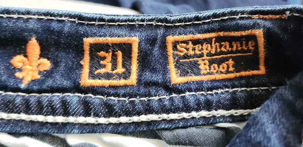 Y2K Rock Revival Low Rise Dark Wash Blue Cathedral Embellished Bootcut Denim Jeans