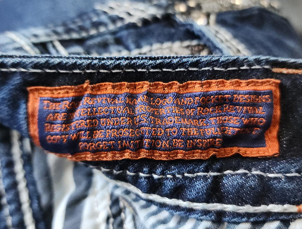 Y2K Rock Revival Low Rise Dark Wash Blue Cathedral Embellished Bootcut Denim Jeans