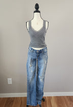 Y2K Silver Jeans Low Rise Light Wash Embroidered Distressed Straight Leg Denim Jeans