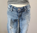 Y2K Silver Jeans Low Rise Light Wash Embroidered Distressed Straight Leg Denim Jeans
