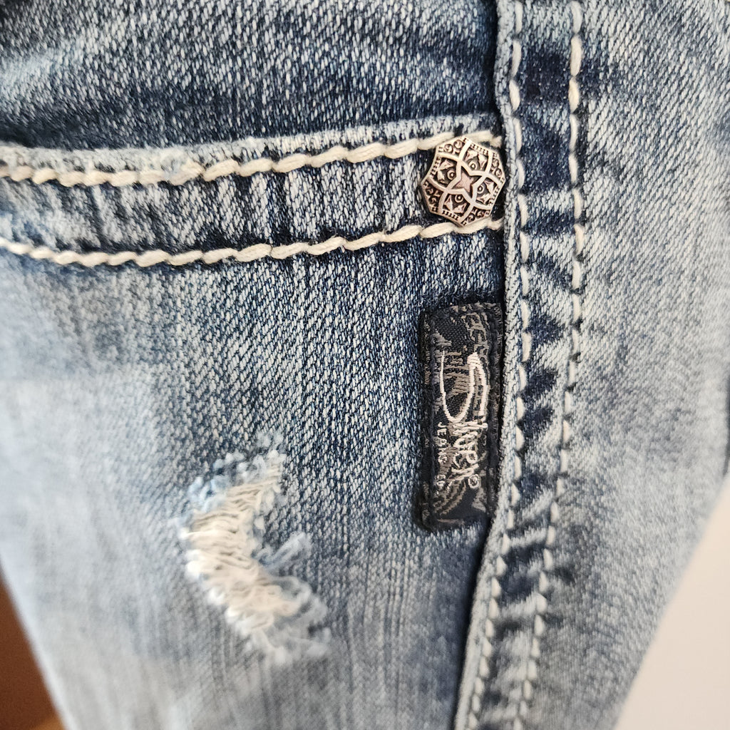Y2K Silver Jeans Low Rise Light Wash Embroidered Distressed Straight Leg Denim Jeans