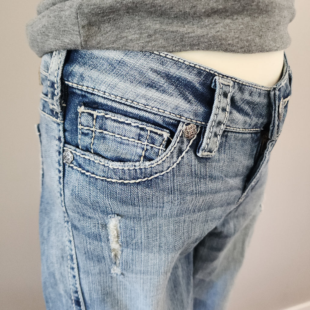 Y2K Silver Jeans Low Rise Light Wash Embroidered Distressed Straight Leg Denim Jeans