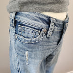 Y2K Silver Jeans Low Rise Light Wash Embroidered Distressed Straight Leg Denim Jeans