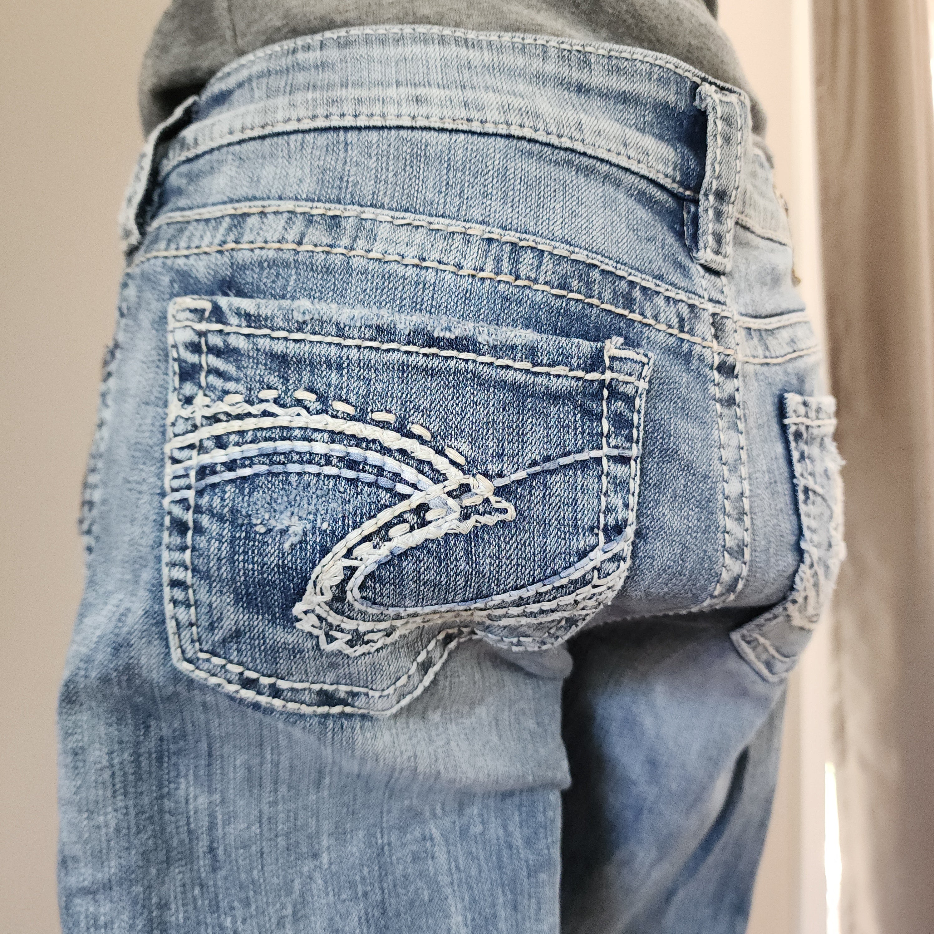 Y2K Silver Jeans Low Rise Light Wash Embroidered Distressed Straight Leg Denim Jeans
