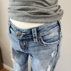 Y2K Silver Jeans Low Rise Light Wash Embroidered Distressed Straight Leg Denim Jeans